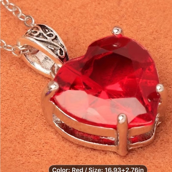 Silver Heart Pendant Necklace with Red Crystal - Picture 3 of 3